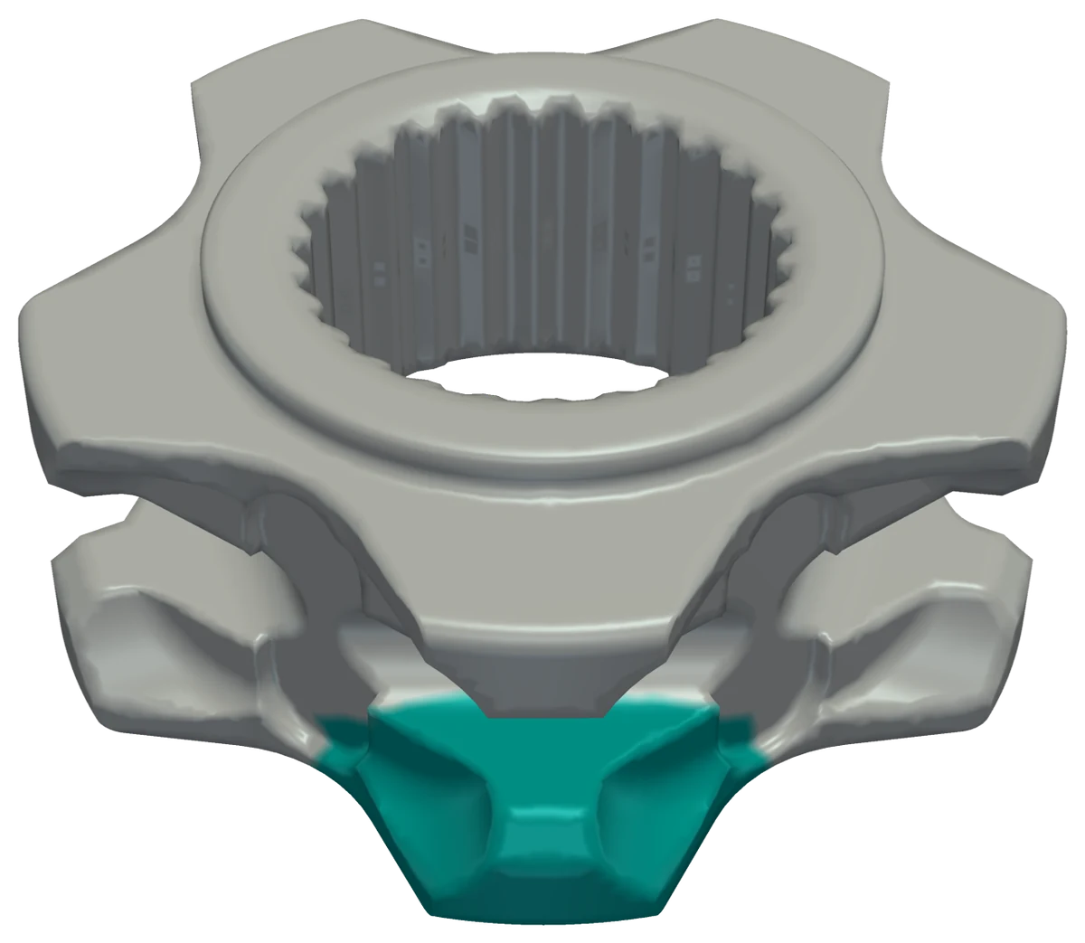 Modelo 3D con la zona reconstruida por simetría marcada en teal